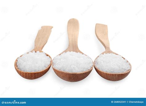 Wooden Spoons With Natural Sea Salt Isolated On White Stock Image