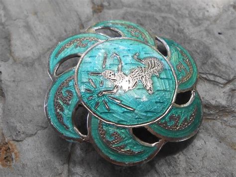 Vintage Siam Sterling Silver Turquoise Enamel Brooch Gem