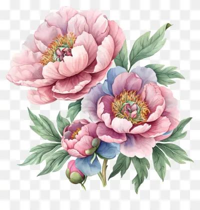 Acquerello Pink Flower Painting Piny Flowers Di Peony Floom Foglie E