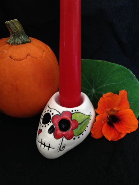 Ceramic Sugar Skull Candle Holder Red Flower