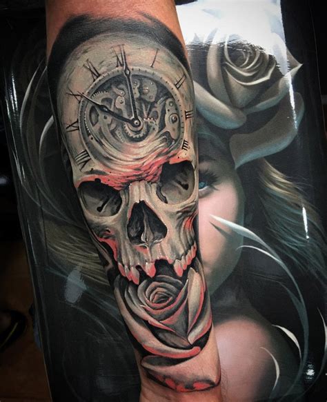 Clock Skull Rose Fusion On Guys Arm