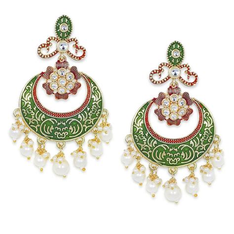 Fabula Green Meenakari Enamel With Kundan And Pearls Chandbali Earrings