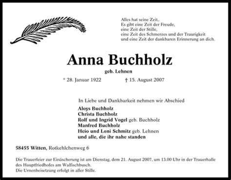 Traueranzeigen Von Anna Buchholz Trauer In NRW De