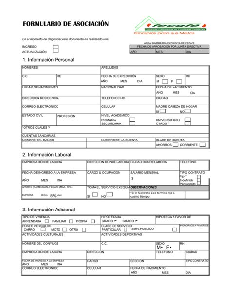Formulario De Asociaci N A Fecafe Pdf