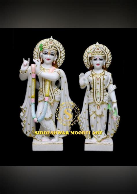 White Plain Gold Plated Marble Radha Krishna Statue For Worship Size