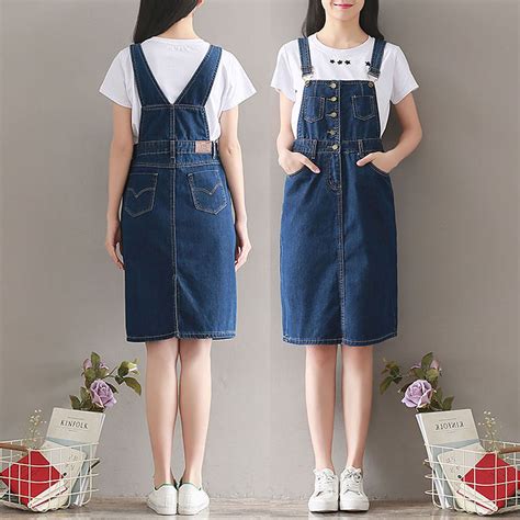 Women Casual Denim Strap Dungaree Knee Length Dress Jeans Overalls