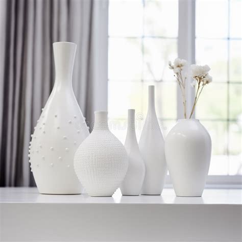 A Beautiful Still Life Of Several White Ceramic Vases Arranged In A Row