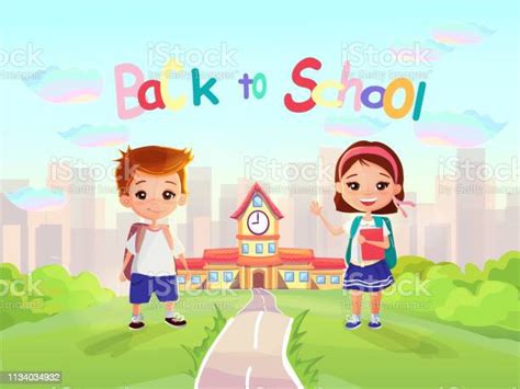 Adorable Happy Cartoon Kids Going To School Colorful Sunny Background With School Building And ...