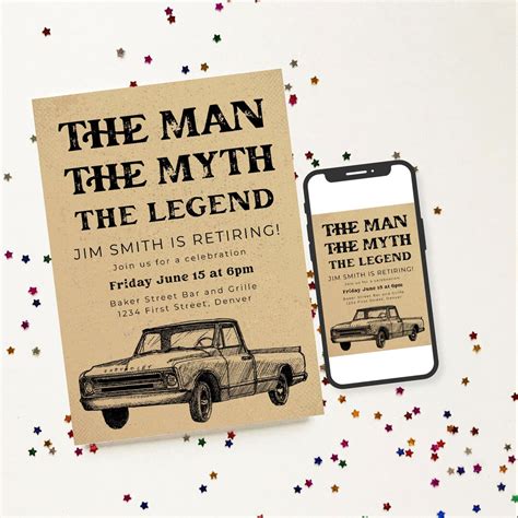 The Man The Myth The Legend Retirement Party Invitation Template With Vintage Classic Truck