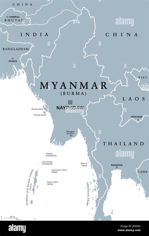 Myanmar Political Map With Capital Naypyidaw English Labeling