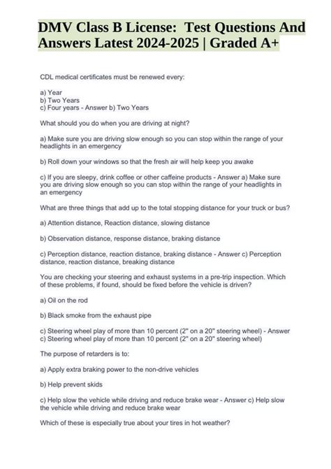 DMV Class B License: Test Questions With Correct Answers Latest (Graded