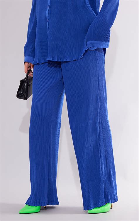 Bright Blue Plisse High Waisted Wide Leg Trousers Co Ords Prettylittlething