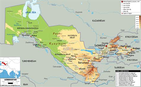 Large Physical Map Of Uzbekistan With Roads Cities And Airports