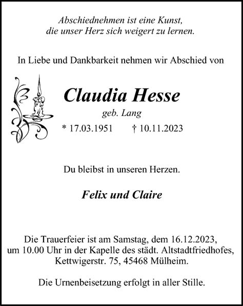 Traueranzeigen Von Claudia Hesse Trauer In NRW De