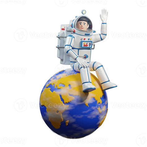 Astronaut In Spacesuit Sits On The Planet Earth Globe And Waves His