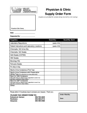 Fillable Online Physician Clinic Supply Order Form Valley Medical