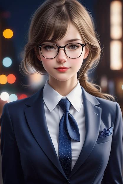 A Pretty European Girl In Suit And Glasses Is Standing On The Street At Night In Cartoon Style