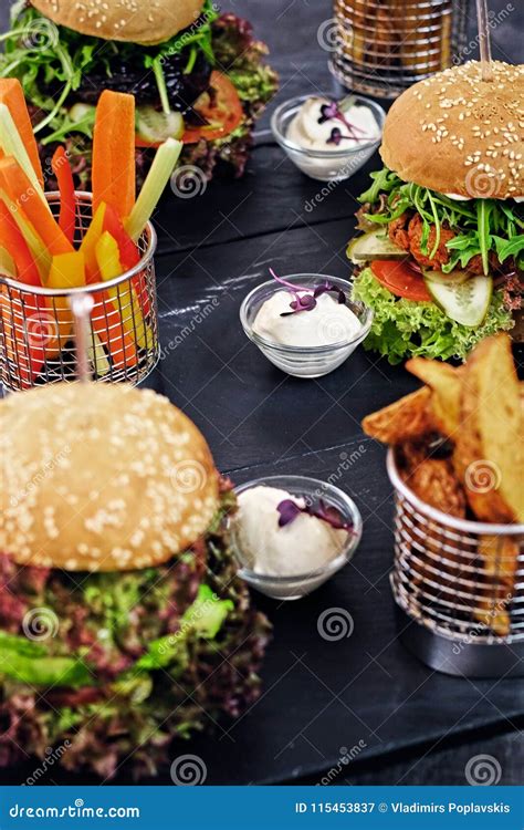 Burger Fries With Salad On A Table Stock Image Image Of Mushroom