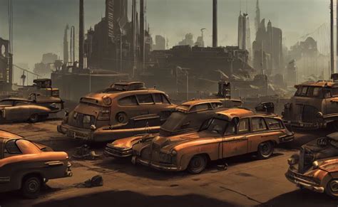 In An Atompunk City With Vehicles Highly Detailed Stable