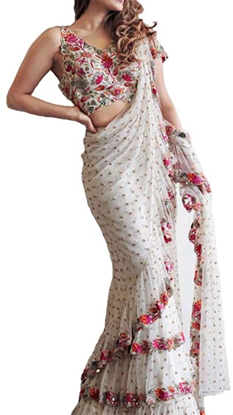 Sari Frill Ruffle Border Bollywood Georgette Work Ruffle Saree White