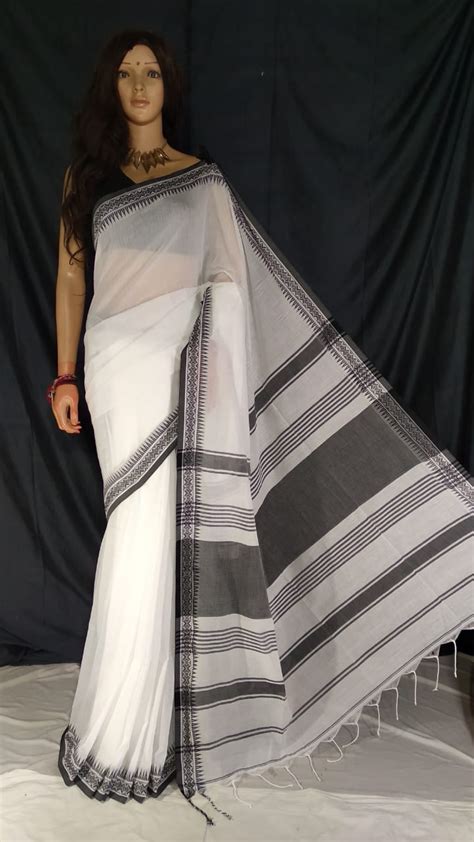 Divine White Pure Cotton Small Temple Border Handwoven Saree Loomfolks