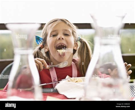 Terrace Dining Table Girl Eating Ice Cream Show Her Tongue Summer