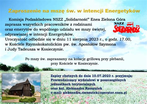 Zaproszenie na mszę św odprawianą w intencji Energetyków OM NSZZ