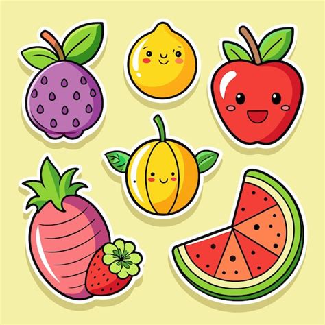 Adhesivos De Frutas De Dibujos Animados Con Caras Felices Vector