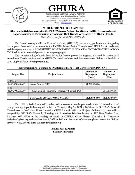 Notice For Public Comment Fifth Substantial Amendment To The Py