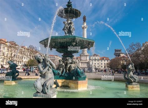 Rossio Square Baroque Style Mermaids Fountain With King Pedro Iv