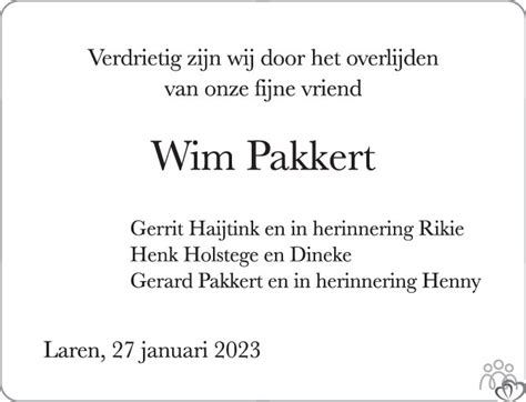 Jan Willem Wim Pakkert Overlijdensbericht En Condoleances