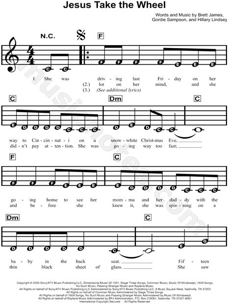 Carrie Underwood Jesus Take The Wheel Sheet Music For Beginners In F