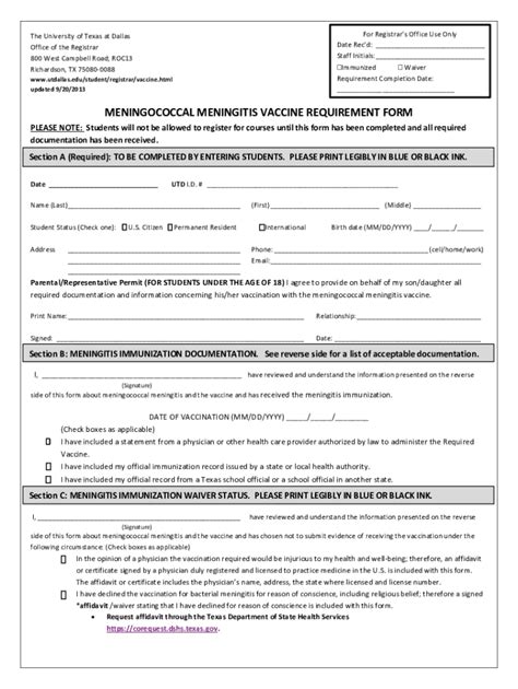 For Office Use Only Bacterial Meningitis Vaccine Form Date Fill Out