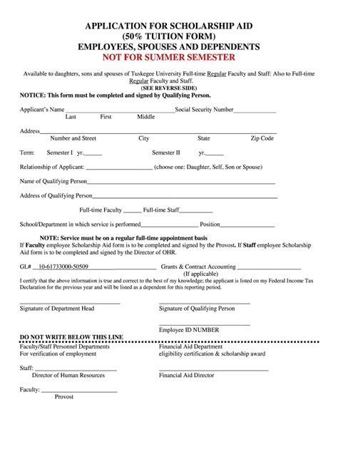 Fillable Online Application For Scholarship Aid Tuition Form