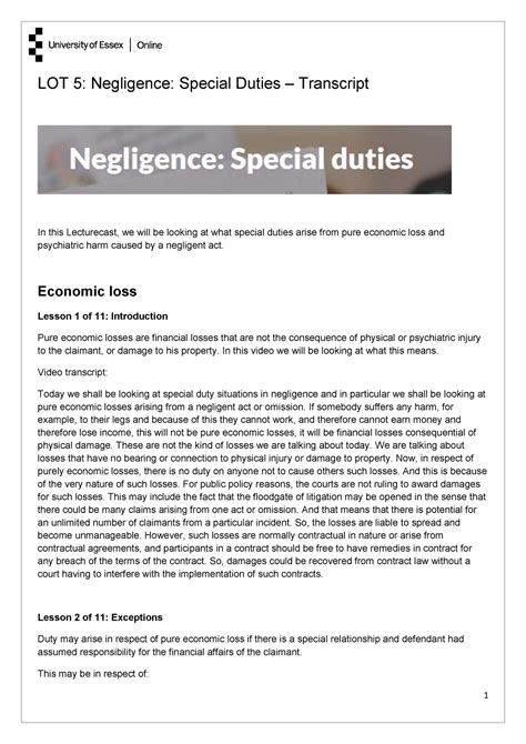 5 Negligence Special Duties Economic Loss Lesson 1 Of 11