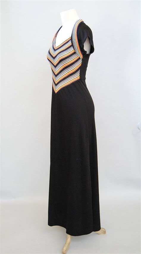 Maxi Dress 70s Vintage Metallic Chevron Open Back Empire Waist Dress Xs