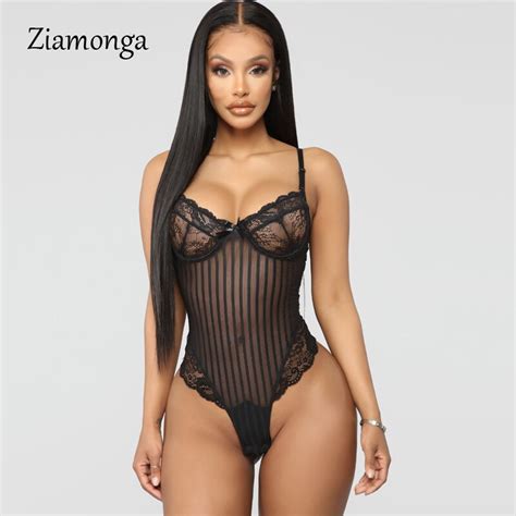 Closeout Ziamonga Strappy Striped Lace Bodysuit Sexy Backless Jumpsuit