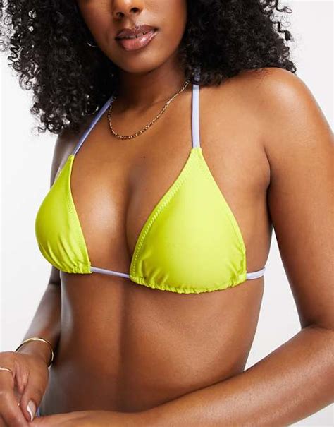 Stradivarius Triangle Bikini Top With Contrast Piping In Lime Asos