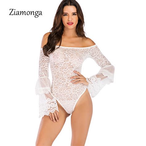 Ziamonga Strapless Sexy Bodysuit Lace Mesh Long Sleeve Romper 2019 New