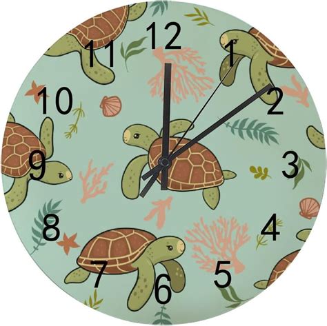 Skysonic Silent Wooden Round Wall Clock Cute Sea Turtles Leaves Non Ticking Battery Operated