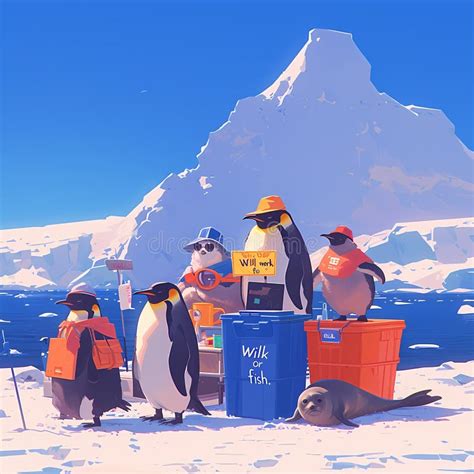 Cheerful Penguins in a Landscape Stock Illustration - Illustration of
