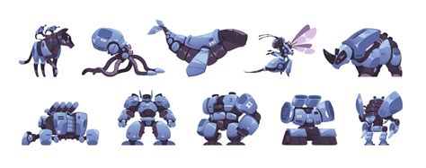 Cyborg animals. Futuristic mechanical robot characters, cartoon punk r ...