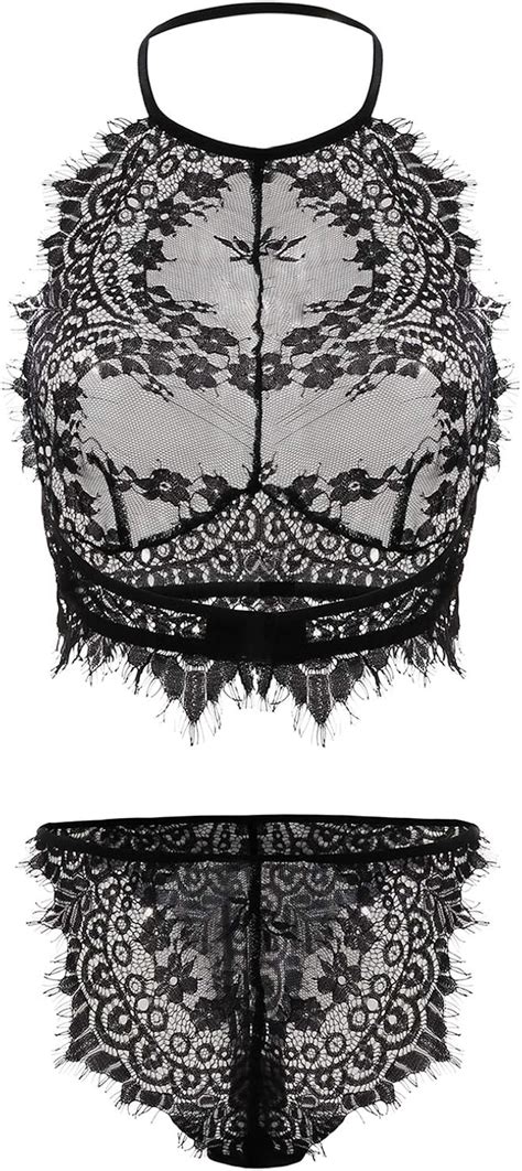 Yoins Women S Sexy Delicate See Though Eyelash Trim Halter Lace Lingerie Set Amazon Co Uk Clothing