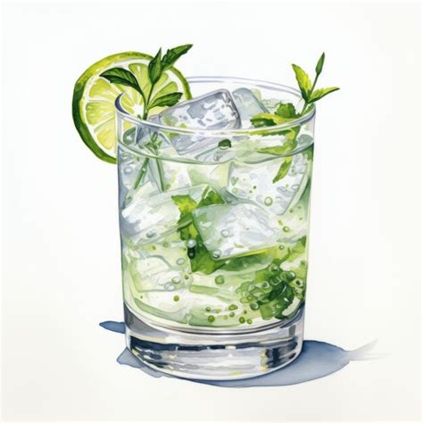 Ilustración acuarela realista de un cóctel mojito con menta y lima