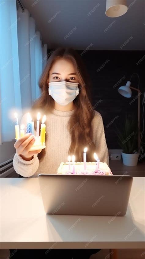 Premium Photo Woman Blowing Out The Candle On The Birthday Cake And Making Video Call