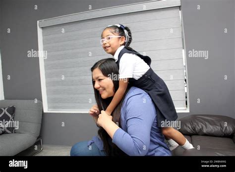 Divorced Single Mom And 4 Year Old Daughter In Uniform Latina Brunette Girls Play Have Fun