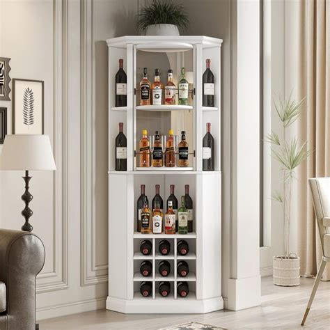 VOWNER Corner Wine Cabinet With Rotating Glass Wine Rack Farmhouse Bar