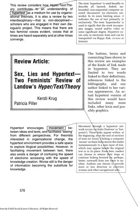 Review Article Sex Lies And Hypertext—two Feminists Review Of Landow S Hyper Text Theory