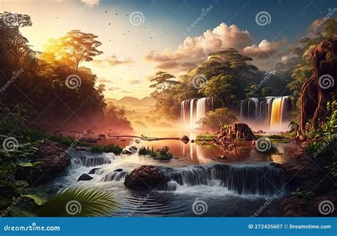 Sunset Rainforest Panorama With Waterfall Jungle River With Tropical