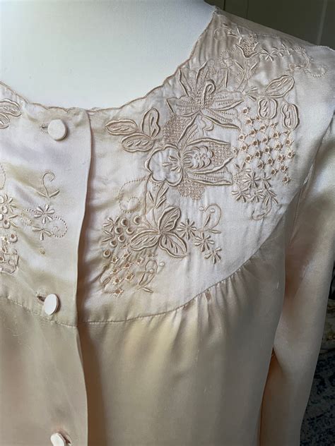 Vintage 1960s Silk Satin Housecoat Dress Gown Hand Embroidered Pale